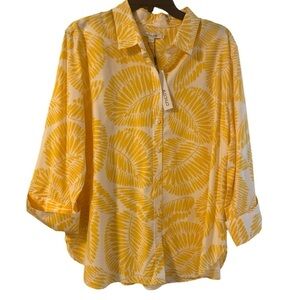 NWT Chico’s No Iron Stretch Palms Shirt Yellow/White XL/18 (Chico’s Size 3.5)